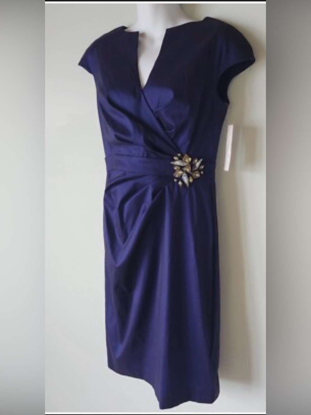 Eliza J Midnight Blue Cap-Sleeve Wrap Midi Dress with Brooch Accent